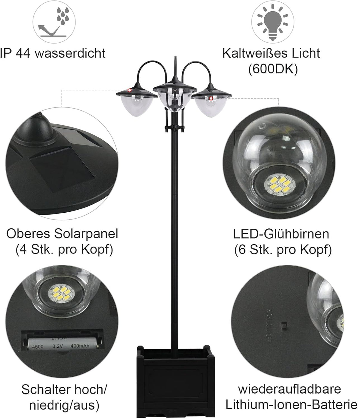Solar Tuinlamp – Solar Buitenlicht – Solar LED Lamp – Solar Tuinverlichting – Driekoppige Lamp Met Bloempotvoet – Waterdicht – Roestvrij Staal – 60x55x189 cm