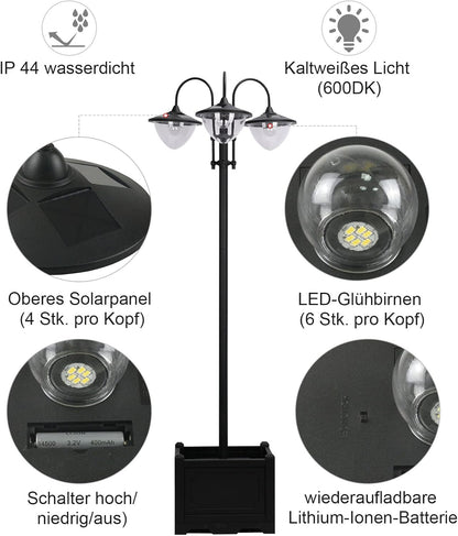 Solar Tuinlamp – Solar Buitenlicht – Solar LED Lamp – Solar Tuinverlichting – Driekoppige Lamp Met Bloempotvoet – Waterdicht – Roestvrij Staal – 60x55x189 cm
