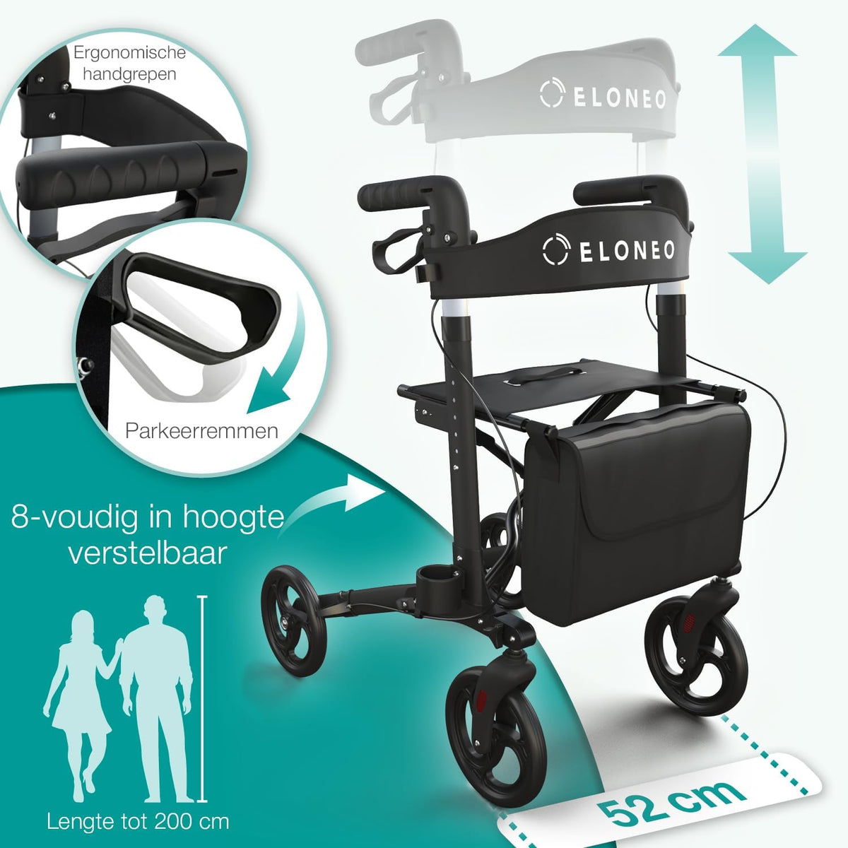 ELONEO Lichtgewicht Rollator met Zitje - Opvouwbare Aluminium Rollator voor Senioren, 8 Verstelbare Hoogtes, 3-voudig Opvouwbaar Loophulpmiddel met Tas & Parapluhouder, Past in Auto (Zwart)