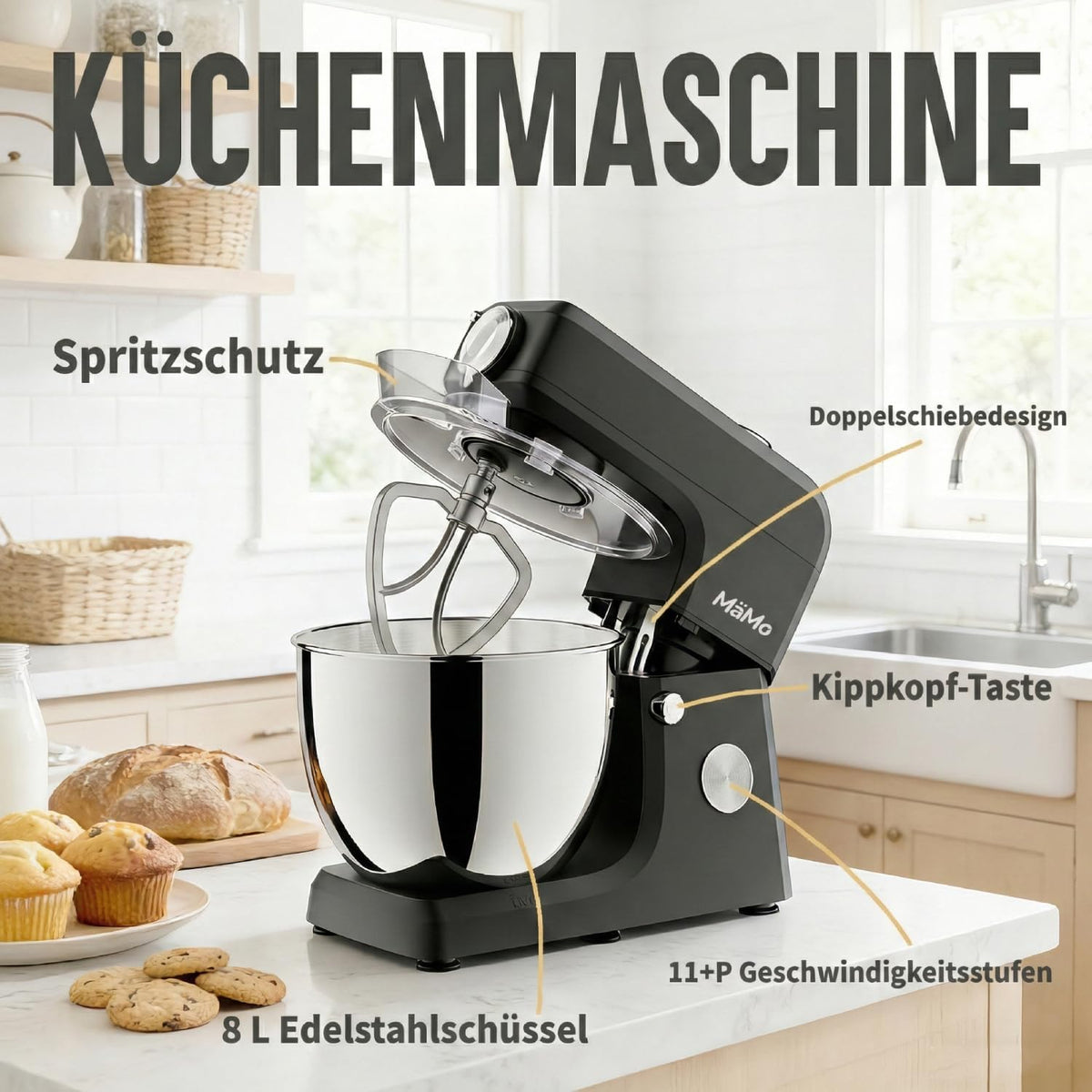 Keukenmachine met 1900 W – deegmachine, led-touchscreen, roerapparaat en mixer voor kneden, slagroom en vlees – 8 l roestvrijstalen kom, 11 snelheden, 6 programma's, 3-delige patisserieset