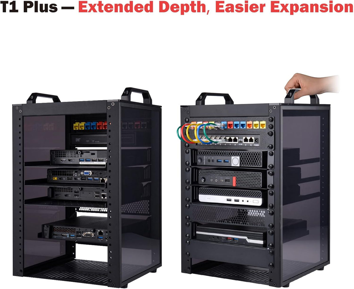 GeeekPi DeskPi RackMate T1 Plus, 10 Inch 8U Serverkast, 260 mm Diepte Mini Rack met Rack Plank & Blank Panel, voor 25,5 cm AV-, NAS- en serverapparatuur (zwart)