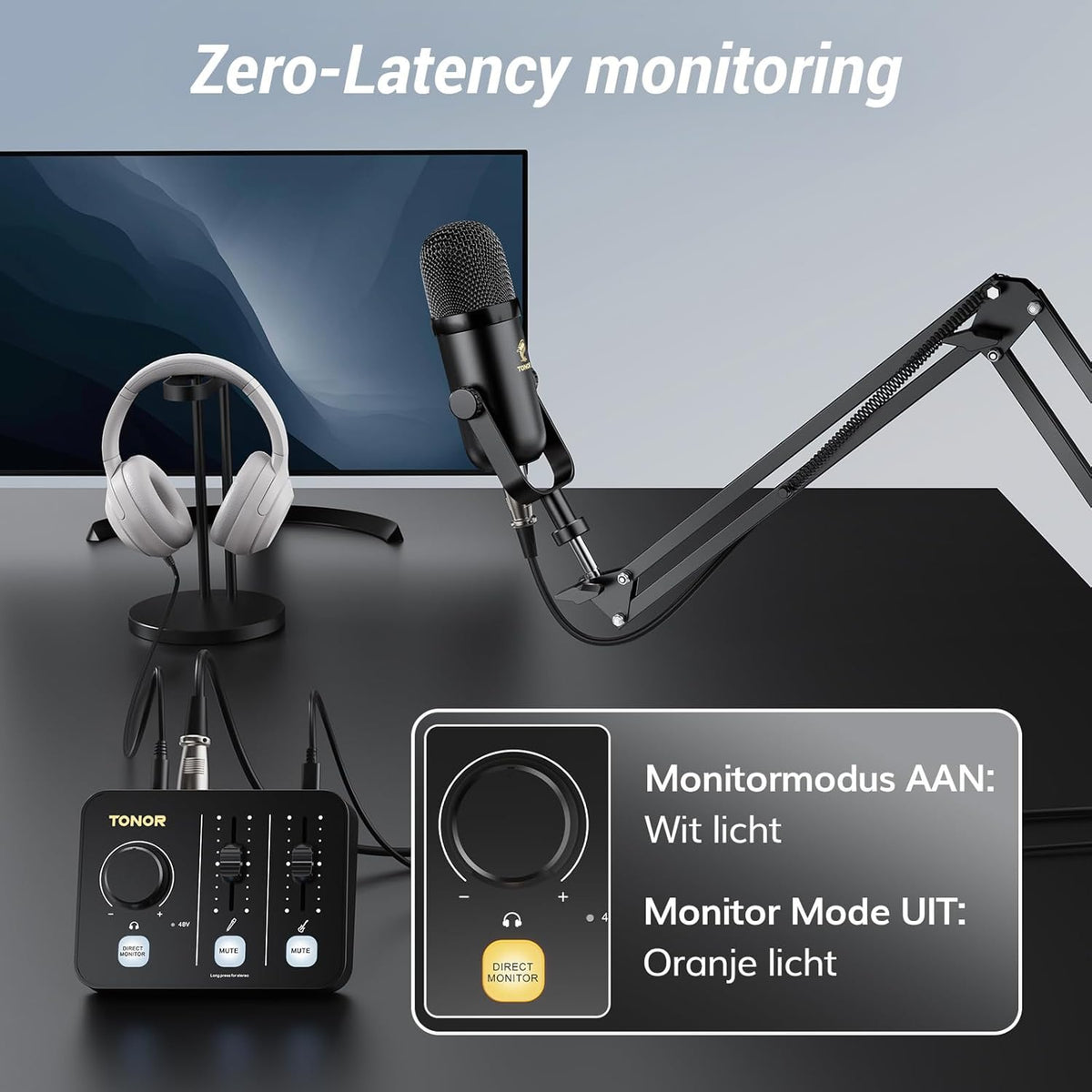 TONOR Podcast-Apparatuurpakket, Mixer met Dynamische Microfoon en Microfoonarm, XLR-Microfoon met Studio-Audio-Interface, Microfoonarm, Alles-in-één Pakket voor Opnemen, Streamen, POD-1