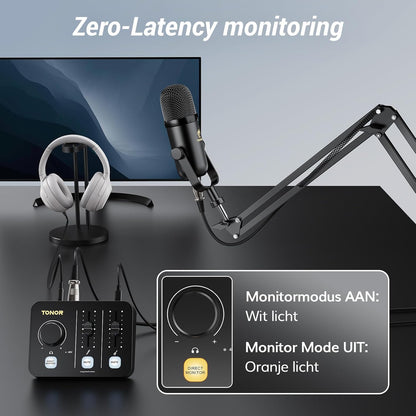 TONOR Podcast-Apparatuurpakket, Mixer met Dynamische Microfoon en Microfoonarm, XLR-Microfoon met Studio-Audio-Interface, Microfoonarm, Alles-in-één Pakket voor Opnemen, Streamen, POD-1