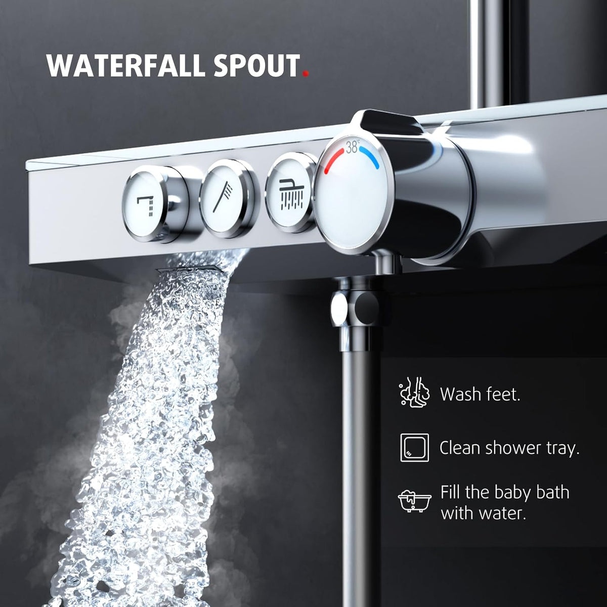 Thermostatische Douchekraan – Douche Set – Mengkraan – Douchesysteem – Regendouche – Glasplateau 36x14 cm – Watervaluitloop – 26x26 cm Regendouchekop