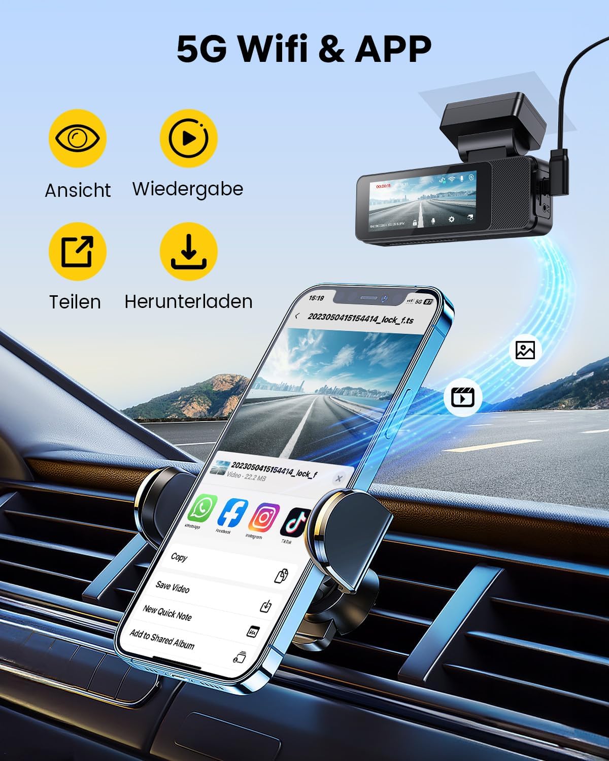Dashcam Auto Voor En Achter – Autocamera – Dubbele Dashcam – Voor- En Achtercamera – Camera Auto – 4K Voorcamera & 1080p Achtercamera – 5,8 GHz WiFi, GPS & 3,18 Inch Touchscreen