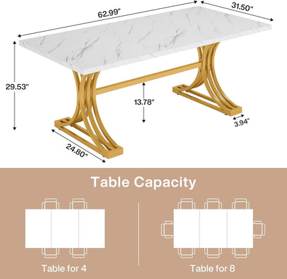 Tribesigns 160 cm rectangular dining table for 4 to 6 people, modern kitchen table with stylish metal trestle legs, large dining table for dining room, chair not included (white + gold)
