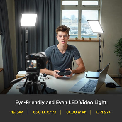 Led-Videolamp – Videolamp, Videolicht, Studiolamp, Fotolamp – Set van 2 met statieven en telefoonhouder – Dimbaar van 0 tot 100% – 3200 tot 5600 K, 8000 mAh batterij