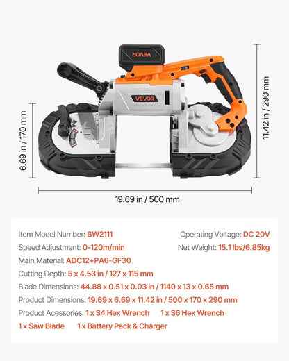 VEVOR 20 V Cordless Band Saw, 127 x 115 mm Cutting Depth Metal Band Saw with Brushless Motor, 4000 mAh Battery and Charger, 0-120 m/min Variable Speed, for Cutting Metal and Wood