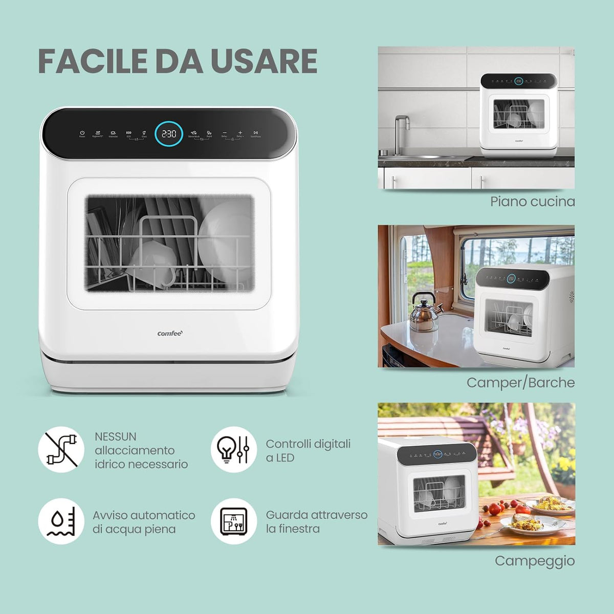 COMFEE' Mfd42S110W-It Freestanding Dishwasher with 3 Blankets, 7 Programs, Touch Control, LED Display, Delay Start and Wash Function Off Season, White