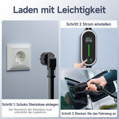 Oplaadkabel Type 2, 3,6 kW, 5 m, Type 2, Schuko, 6-16 A digitaal display, draagbare EV-oplader, vermogensaanpassing en timerfunctie, EV-oplader voor EV PHEV IEC 62196-2