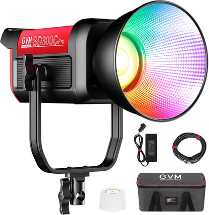 GVM 300C RGB videolamp, 300W Bowens LED studiolamp 2000K-10000K fotografielamp met DMX, 48200 lux/m COB videoverlichting voor het filmen van YouTube, 16 lichteffecten, RGB videolamp Videolicht