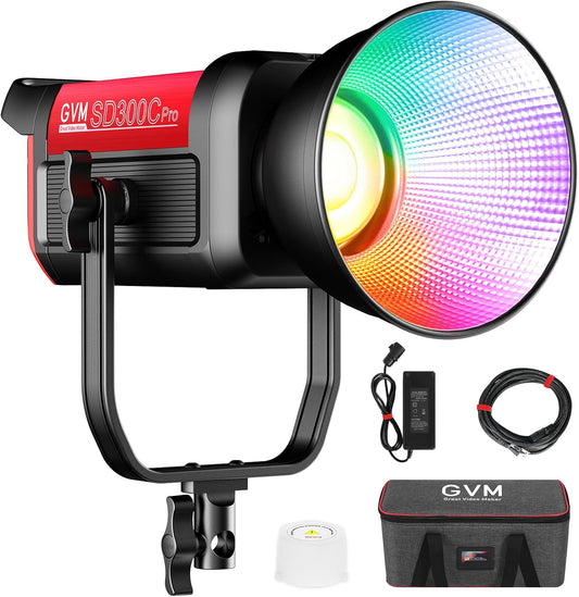 GVM 300C RGB videolamp, 300W Bowens LED studiolamp 2000K-10000K fotografielamp met DMX, 48200 lux/m COB videoverlichting voor het filmen van YouTube, 16 lichteffecten, RGB videolamp Videolicht