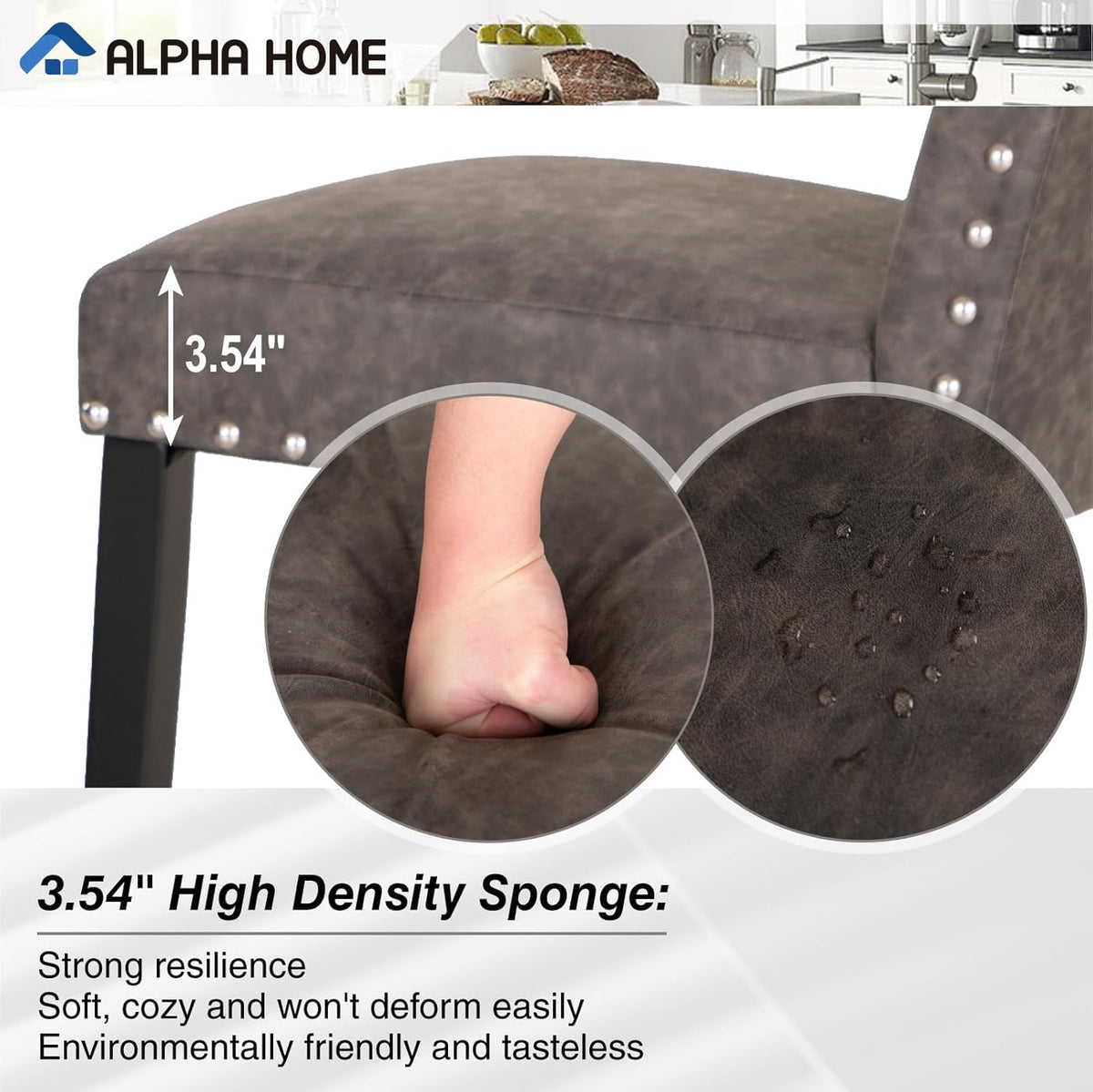 ALPHA HOME Dining Chairs Set of 4, Upholstered Kitchen Chair, Dining Chairs, Tufted Kitchen Chairs with Solid Wood Legs and High Backrest, Faux Leather Padded Parson Chairs, Grey