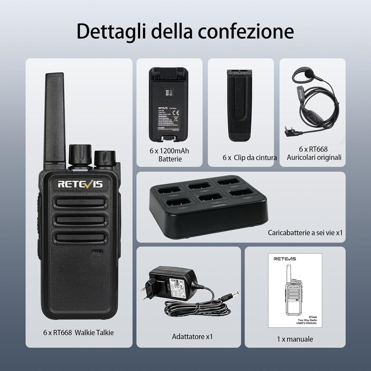 Retevis RT668 Walkie Talkie met Oortjes, PMR446 Licentievrije Radio met 6-Weg Oplader, Oplaadbare Walkie-talkies Lange Afstand, 16CH Draagbare Handheld Transceiver VOX voor Beveiliging(Zwart, 6 Stuks)