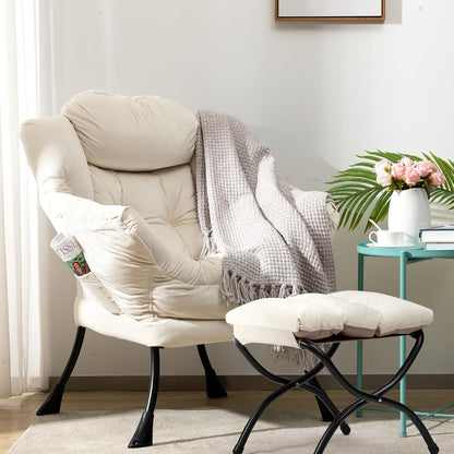 HollyHOME Relax Fauteuil met Voetenbank Woonkamer Stoel Slaapkamer Stoel Lounge Stoel met Armleuningen Leesstoel Accentstoel met Stalen Frame, Beige