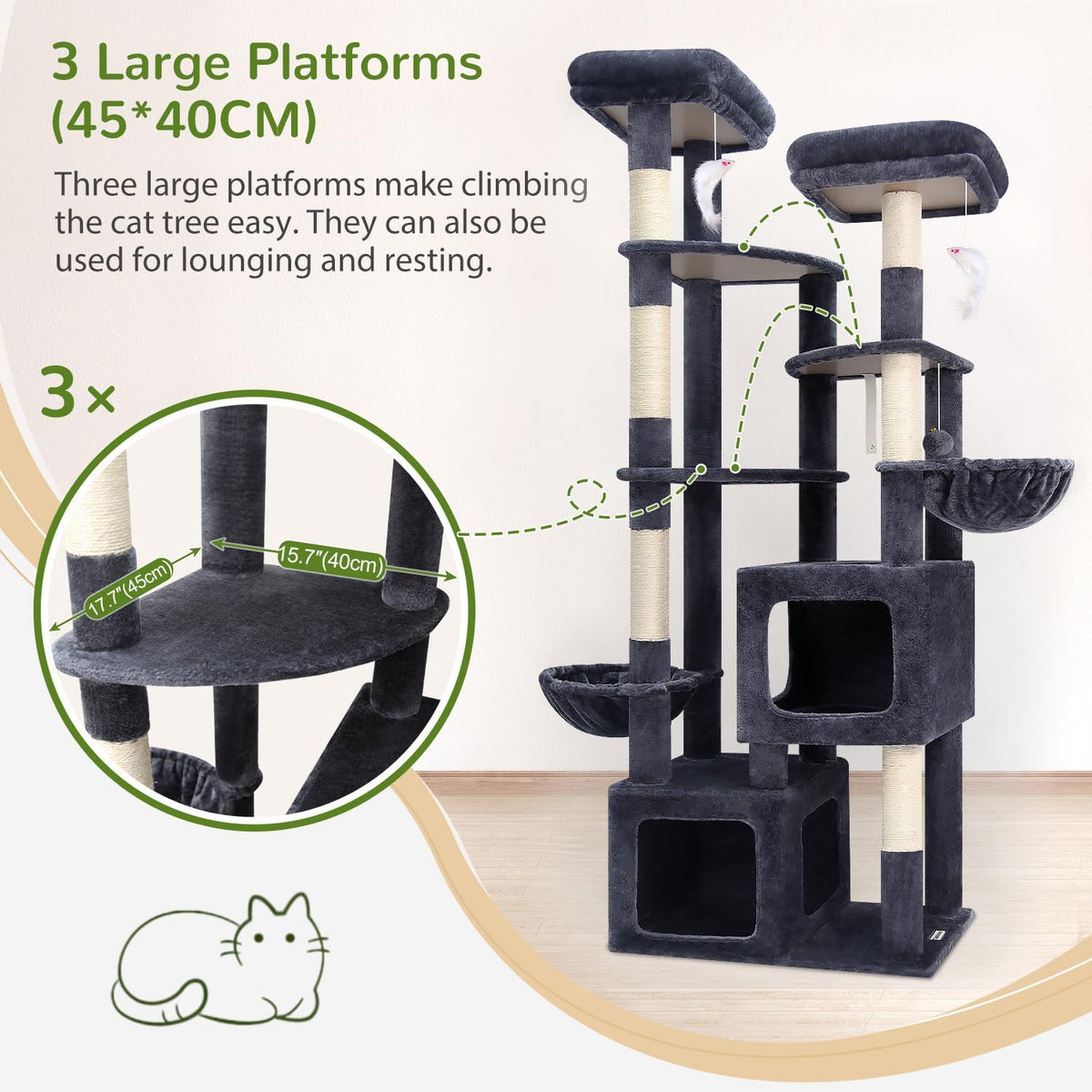 Kattenboom – Krabpaal – Kattenmeubel – Klimpaal – XXL Kattenboom – Donkergrijs – Extra Grote Kattenhuizen 45x40x35 cm – 189 cm Hoog Met 3 Brede Platforms