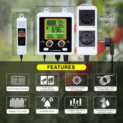 CO2 Controller With Dual Outlets for Grow Room, Automatic Control Between Regulators and Ventilators, NDIR Sensor Monitor With Large Display Graph, Temperature