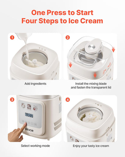 VEVOR Automatische ijsmachine met ingebouwde compressor, 1 liter, geen voorvriezen, gelato en ijsmaker met 4 modi, elektrische ijsmachine, frozen, yogurt sorbet maker, wit