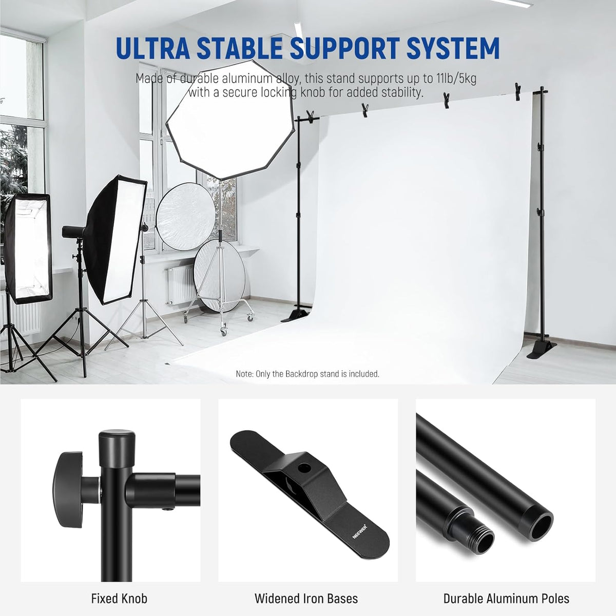 NEEWER NK-ST300 Achtergrondstandaard Heavy Duty met verbrede basis, 3 x 2,4 m achtergrondstandaard met 4 dwarsbalken, 2 telescopische stokken, 4 veerclips en draagtas voor fotoshoot studio party