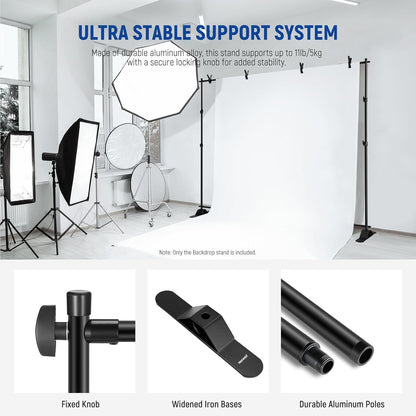 NEEWER NK-ST300 Achtergrondstandaard Heavy Duty met verbrede basis, 3 x 2,4 m achtergrondstandaard met 4 dwarsbalken, 2 telescopische stokken, 4 veerclips en draagtas voor fotoshoot studio party