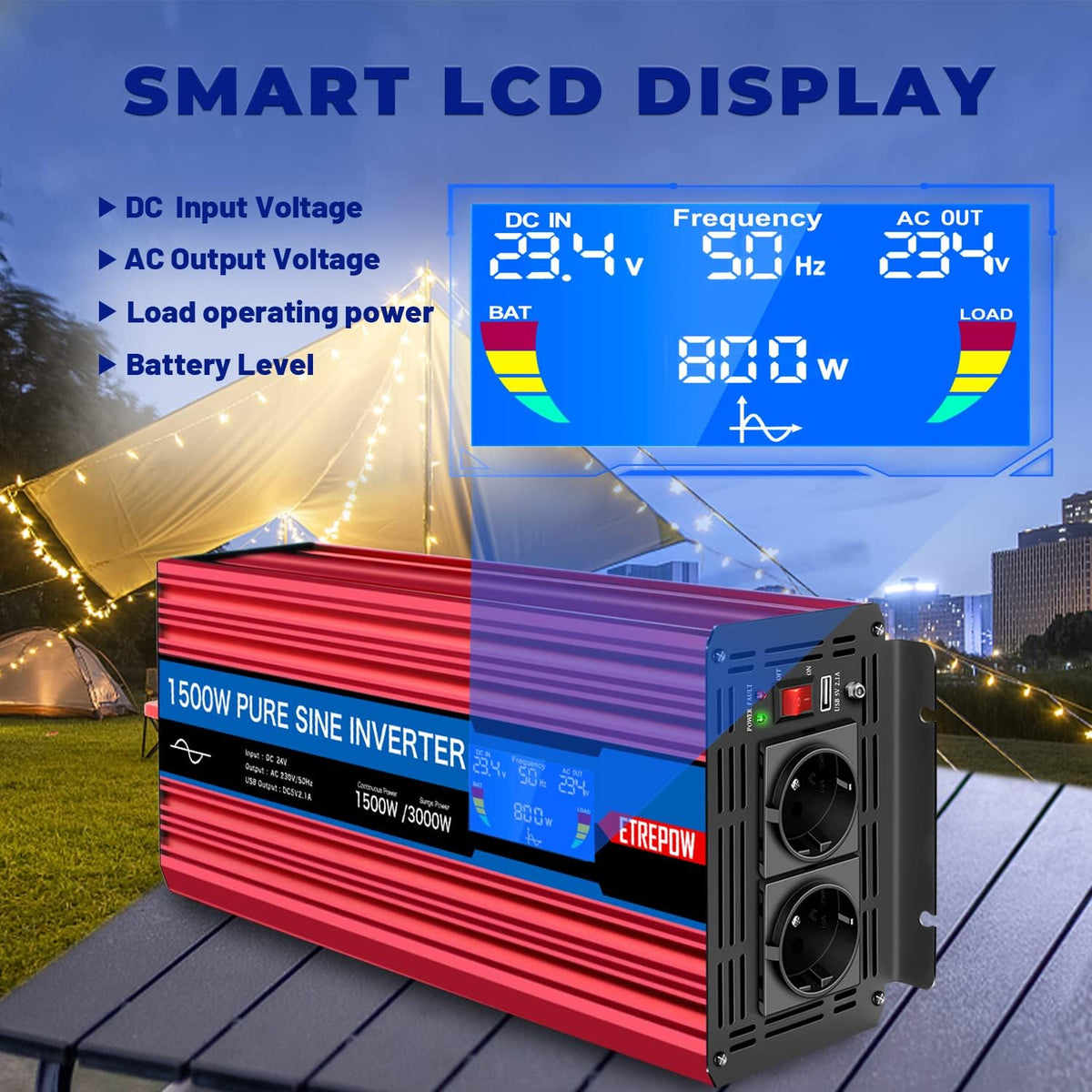 1500W 24V naar 230V Pure Sinus Volt Auto spanningsomvormer Omvormer Converter Pure Sine Wave Power Inverter DC AC omvormer (Draadloze afstandsbediening, display)