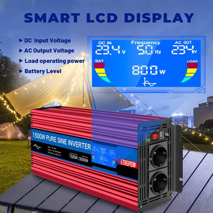 1500W 24V naar 230V Pure Sinus Volt Auto spanningsomvormer Omvormer Converter Pure Sine Wave Power Inverter DC AC omvormer (Draadloze afstandsbediening, display)