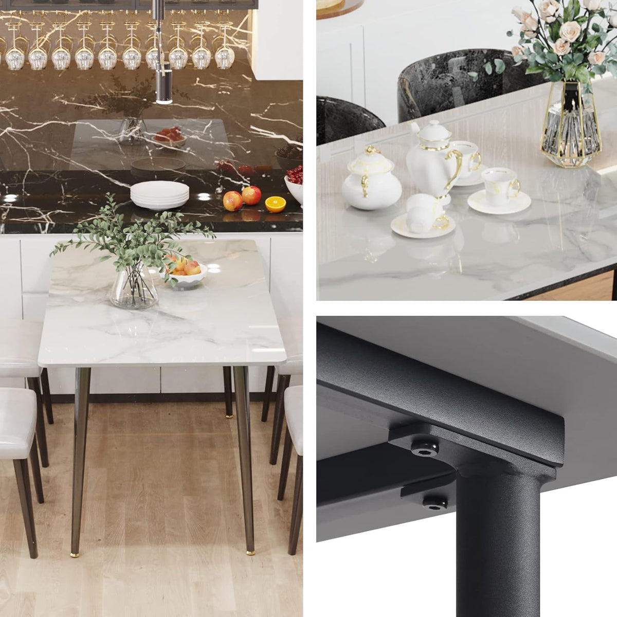 FATIVO Eetkamertafel marmeren eettafel 120x70cm, keukentafel klein 4 personen smalle eettafel eenvoudige woonkamer wit hoogglans Scandinavische tafels voor eetkamer restaurant metalen tafelpoten