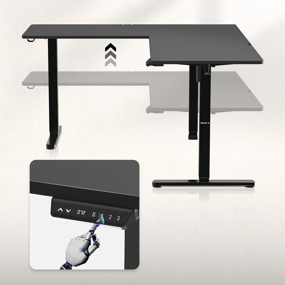 huzaro Hero 9.5 Motorcycle Desk, Height Adjustable, Corner Desk, Electric Standing Desk, 160 x 140 cm, L Shape, Changeable Left and Right, 3 Memory Control, Memo Board, Black - QUORE