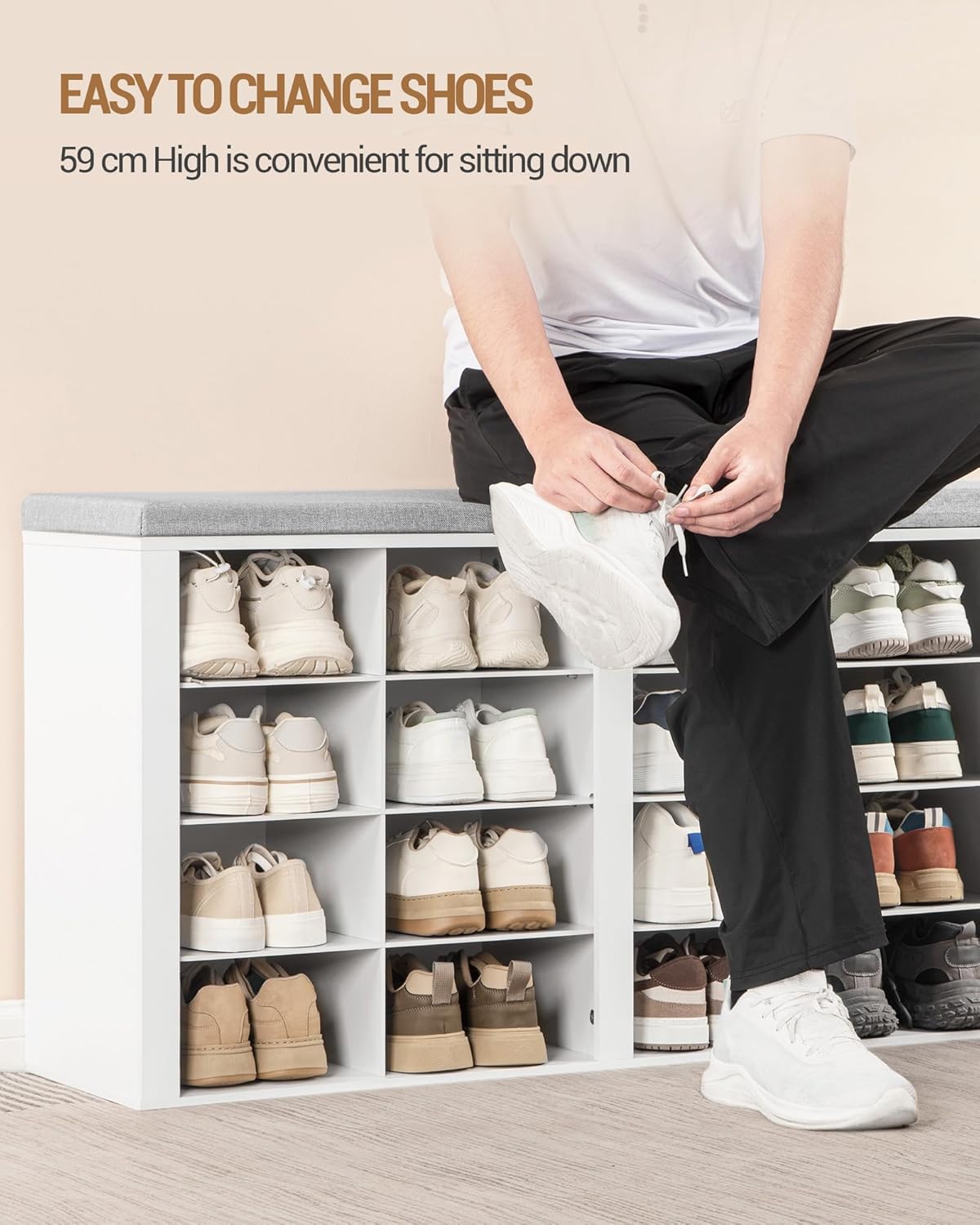 Hzuaneri Wardrobe Shoe Rack Set, Shoe Bench with Cushion, Entrance Bench 30 x 105 x 59 cm, Wall Coat Rack with 9 Hooks Coat Racks with Shelf for Living Room, Bedroom, Entrance, White-Grey, HT56603GY