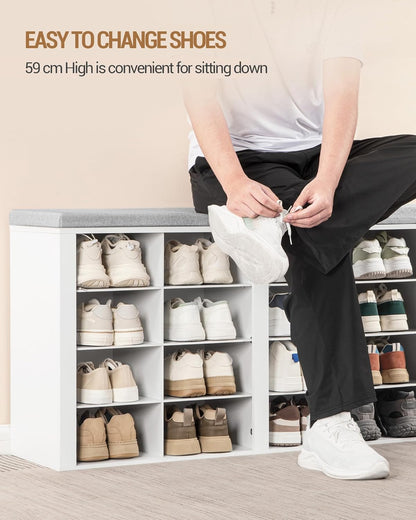 Hzuaneri Wardrobe Shoe Rack Set, Shoe Bench with Cushion, Entrance Bench 30 x 105 x 59 cm, Wall Coat Rack with 9 Hooks Coat Racks with Shelf for Living Room, Bedroom, Entrance, White-Grey, HT56603GY