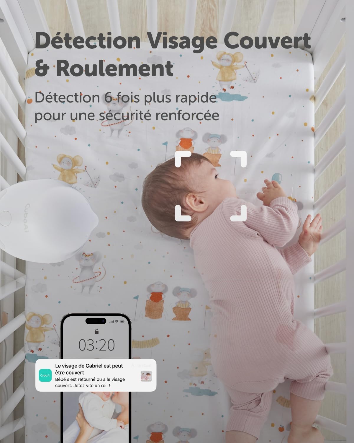CuboAi 2025 Nieuw Model Slimme Babyfoon 3: Slaapveiligheidsmeldingen voor Bedekt Gezicht & Omrollen, 2.5K QHD Nachtzicht Camera, 2-Way Audio, Vochtigheidssensor, Slaapliedjes (Wandbevestiging Set)