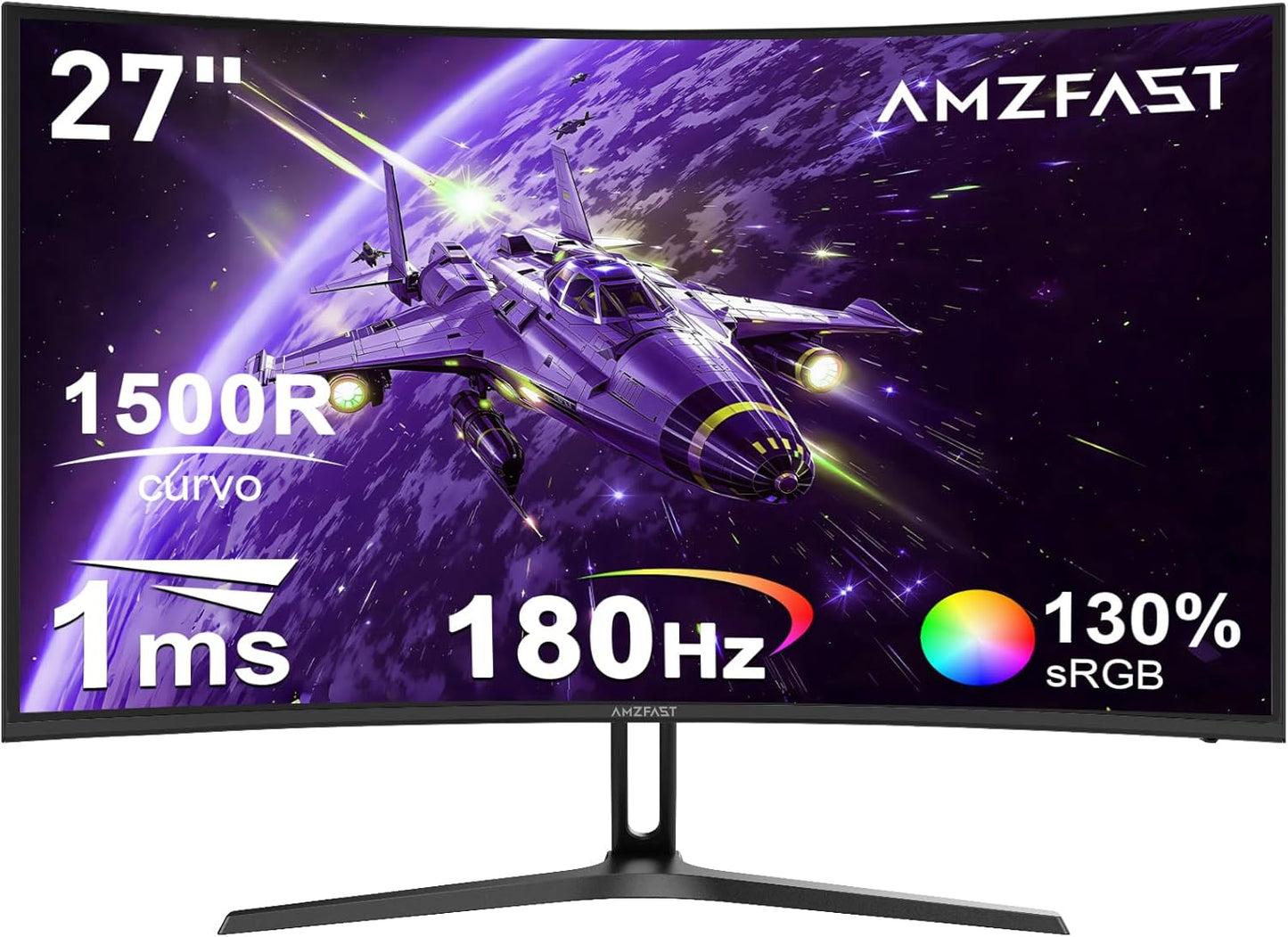 Amzfast Gaming Monitor Curvo 27'' 180 Hz, 1 ms MPRT, AMD FreeSync Premium, HDR10, DCI-P3 90%, Anti-Flicker/Glare, Low Blue Light, 1500R, VESA-bevestiging, HDMI/DP, met HDMI-kabel, AMZG27C1