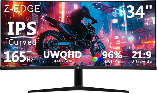 Z-Edge 34'' Curved Gaming Monitor, 3440x1440, 165Hz (DP1.4×2), IPS, 96% DCI-P3, 1ms, 21:9, Height Adjustable/Tilt, Rotary, 100Hz (HDMI2.0×2), FreeSync, VESA (DP cable included)
