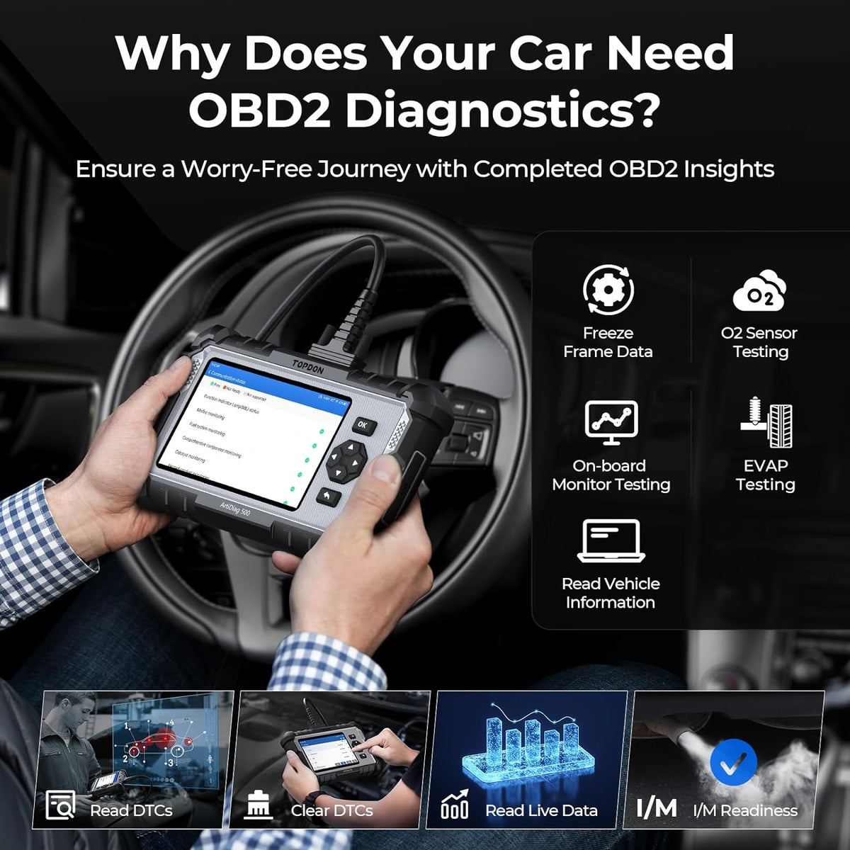 TOPDON OBD2 diagnoseapparaat auto AD500, 4 systeemdiagnoses voor ABS SRS motor en transmissie, 6 servicefuncties voor olie, BMS, SAS, DPF, TPMS en smoorklep regelen, gratis levenslange upgrade