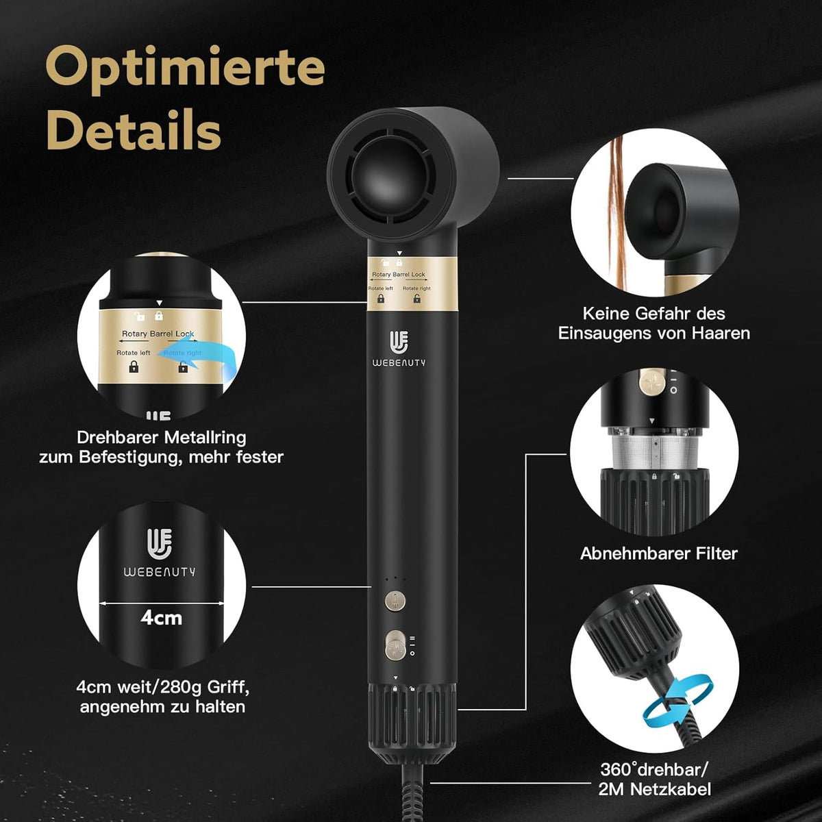 webeauty 6-in-1 haarstyler, 110.000 omw/min, 25 m/s, haardroger met hoge snelheid met warme luchtborstel, ronde borstelföhn, airkrultangen, koffer, 500 miljoen negatieve ionen airstyler, zwart