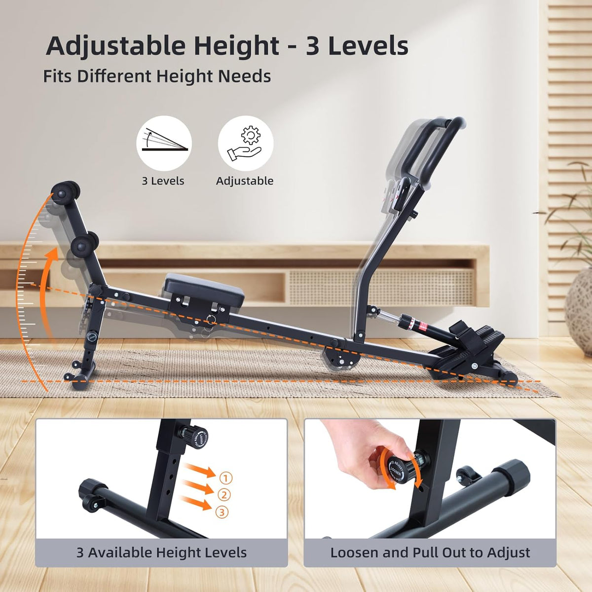 Rowing Machine for Home, Sportneer Hydraulic Rowing Machine Foldable with 12 Resistance Levels, Fitness Device for Home, Abdominal Trainer with U-Handle & Backrest, Maximum Load 135 kg - QUORE