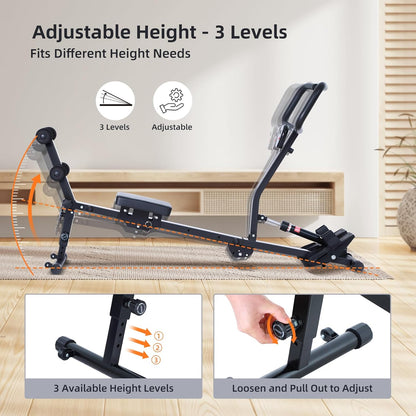 Rowing Machine for Home, Sportneer Hydraulic Rowing Machine Foldable with 12 Resistance Levels, Fitness Device for Home, Abdominal Trainer with U-Handle & Backrest, Maximum Load 135 kg - QUORE