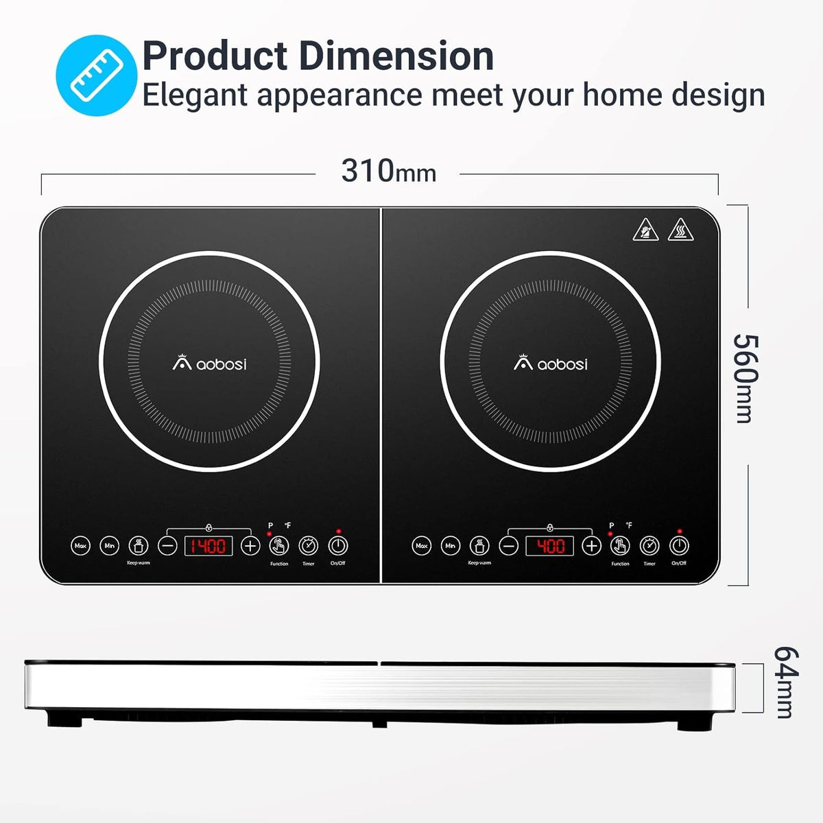 Aobosi Inductiekookplaat, dubbele inductiekookplaat, draagbare kookplaat, sensor-touch-bediening en kristalglasplaat, 3500 watt, timerfunctie