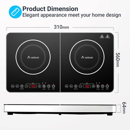 Aobosi Inductiekookplaat, dubbele inductiekookplaat, draagbare kookplaat, sensor-touch-bediening en kristalglasplaat, 3500 watt, timerfunctie