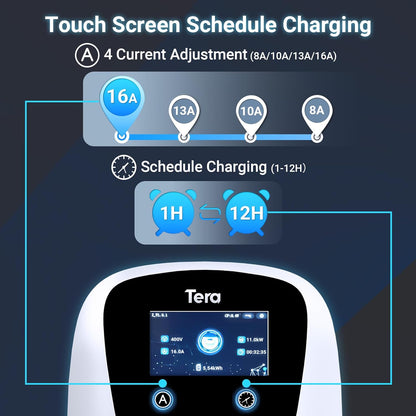 Tera Smart EV oplader type 2 Wallbox met app, 11 kW, 16 A, 400 V, CE & TÜV met wifi en bluetooth, 7 m laadkabel met opladerhouder, thuis, Wallbox CEE, 3-fasen stekker voor EVs & PHEV W01, wit