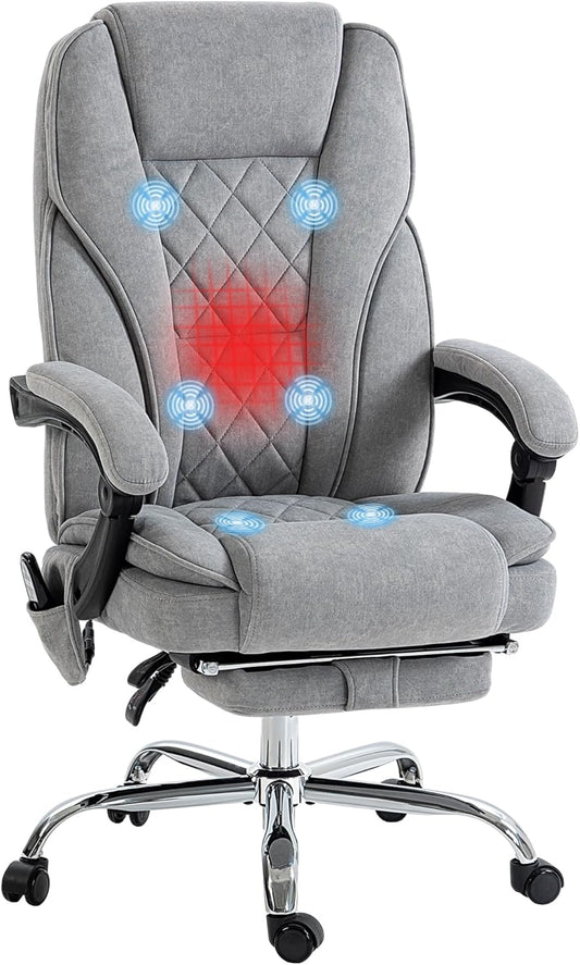 Massage bureaustoel – Bureaustoel met massagefunctie – Ergonomische bureaustoel – Massagestoel – Bureaustoel met verwarming – Lichtgrijs – 6-punts vibratiemassage – Verstelbare lendenverwarming en uitschuifbare voetsteun