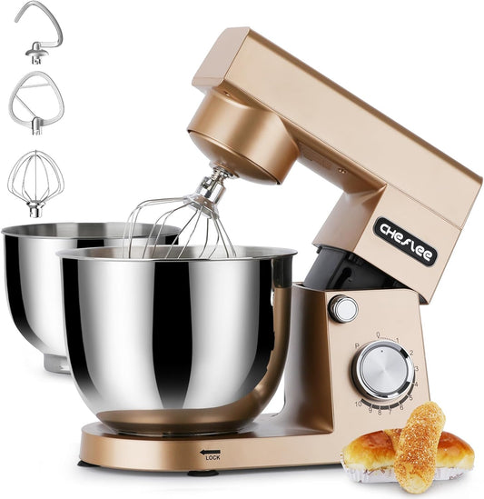 CHeflee Keukenmachine, 1500 W, deegkneedmachine met 4,5 en 5,5 l roestvrijstalen kom, 10+P snelheid, keukenmixer met roerhaak, deeghaak, garde en spatbescherming (goud)