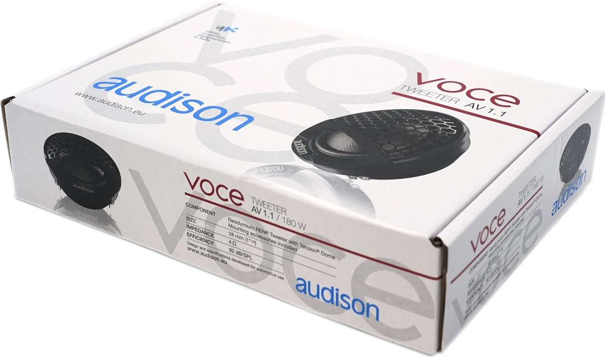 Audison AV 1.1 auto-audiotweeter, 28 mm Tetolon-dome met neodymiummagneet, 180W vermogen, 4 Ohm impedantie, 22 kHz frequentiebereik, geschikt voor auto-installatie