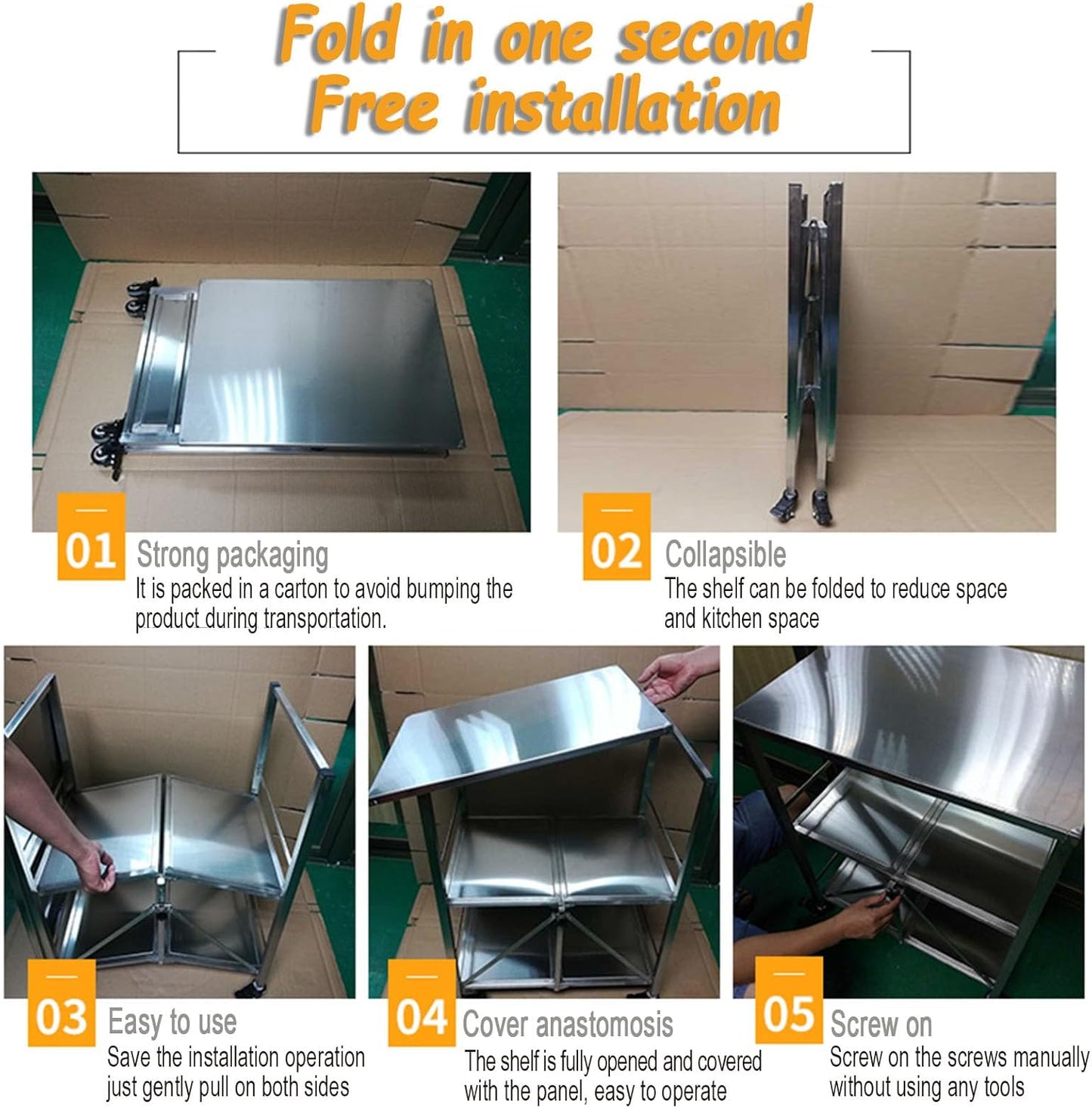 AMSXNOO Serveerwagen roestvrij staal, 3 planken opvouwbare transportwagen opslag rek rek keukentrolley trolley met wielen, multifunctionele trolley voor restaurant hotel school huishoudelijke wagen