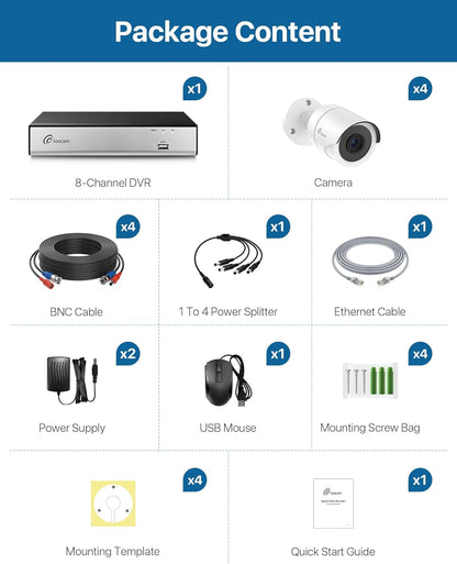 Loocam 8-Kanaals 1080P CCTV Camera Systeem met AI Mens/Voertuigdetectie, 5MP Lite H.265+ DVR Recorder en 4x 2MP Beveiligingscamera's Binnen/Buiten, Nachtzicht, Extern Toegang, ZONDER Harde Schijf