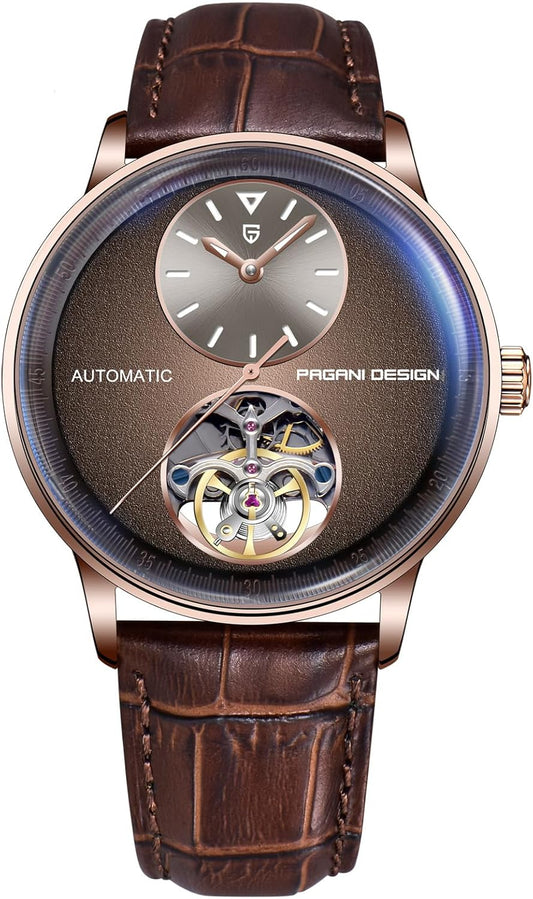 Pagani Design Herenhorloges, automatisch, waterdicht, analoog, individueel design, skelet, kleine lunette met PU-lederen band, elegante cadeaus voor mannen (lichtbruin), bruin