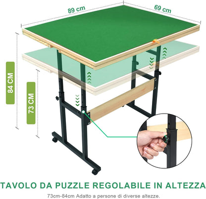 Wooden puzzle table with legs for 1500 pieces, 89 x 69 cm, height adjustable, 45 degree inclination, 4 drawers with lid, ideal gift for adults - QUORE