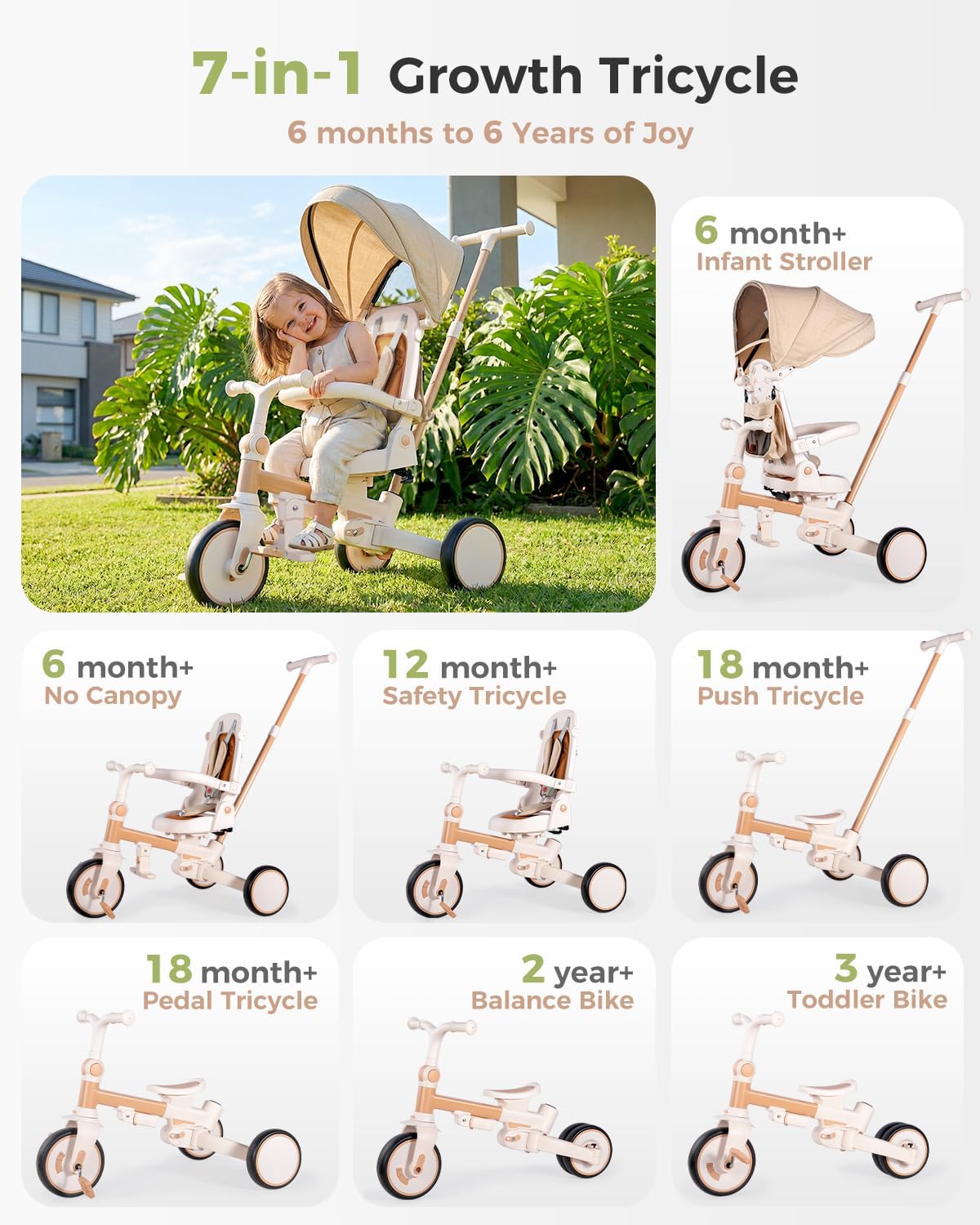 aiwo 7in1 Opvouwbare driewieler voor peuters 1-3, multifunctionele peuter push bike wandelwagen, lichtbruin