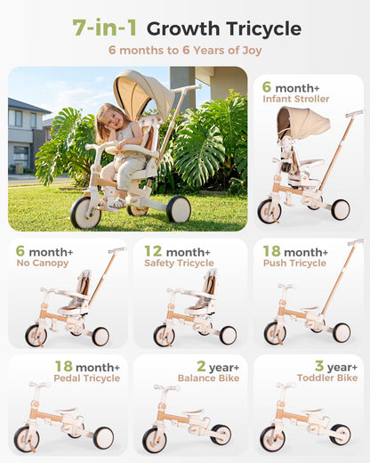 aiwo 7in1 Opvouwbare driewieler voor peuters 1-3, multifunctionele peuter push bike wandelwagen, lichtbruin
