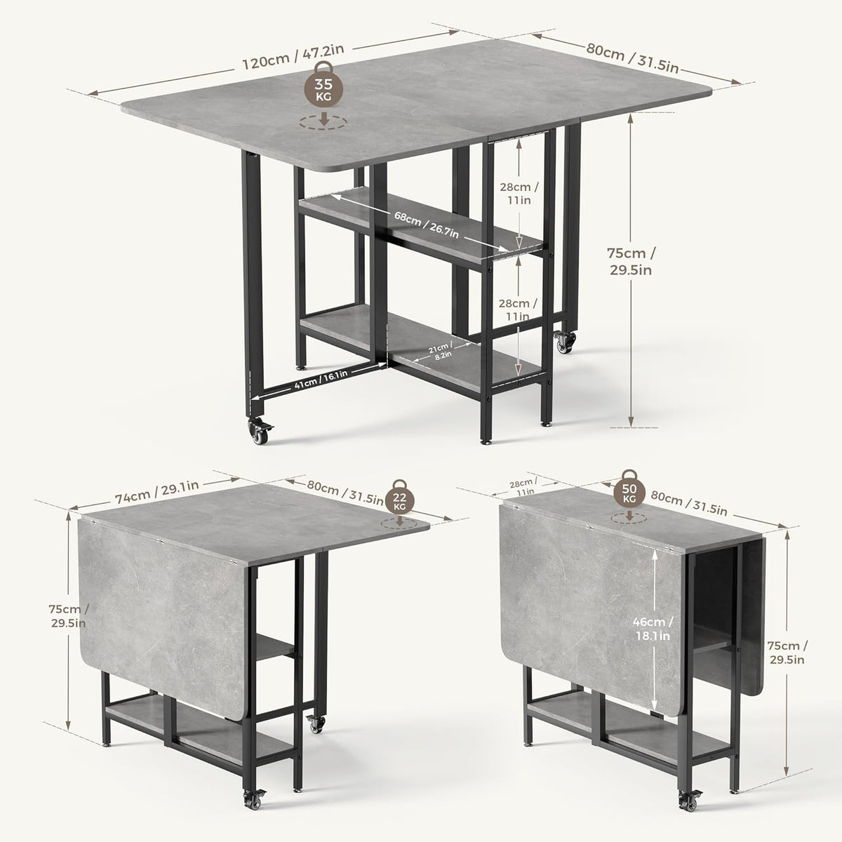 Mondeer Mobiele opvouwbare eettafel, klaptafel met 2 open opbergplanken voor kleine ruimtes, eetkamer, keuken, 120 x 80 x 75 cm, grijs